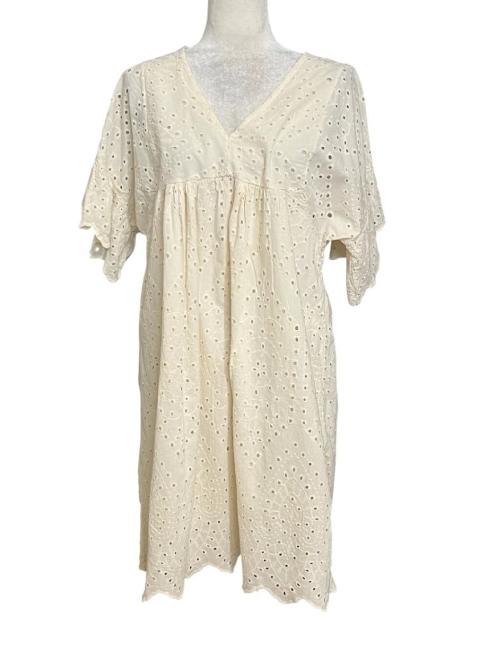 By Coco Italy Eyelet Dress Womens Ivory Cotton Boho Babydoll Midi Cottagecore M